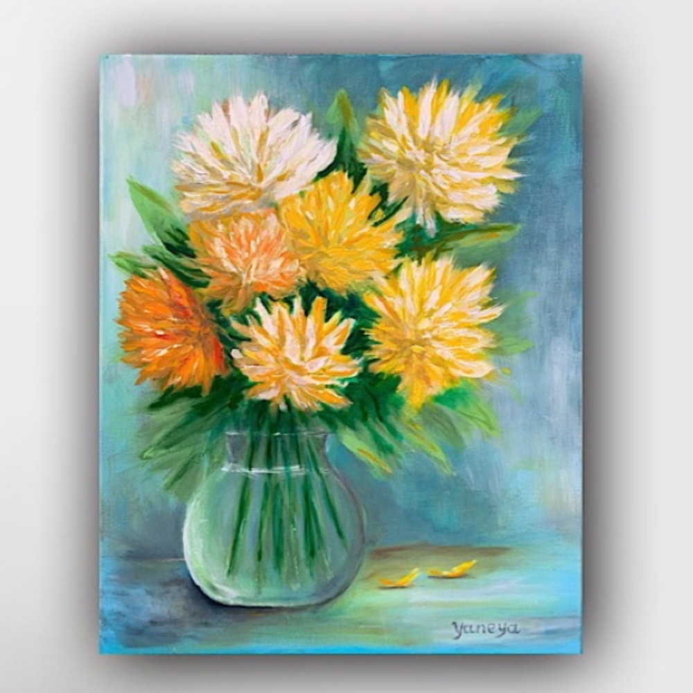 Original mixed media chrysanthemums, art floral painting Impressionism